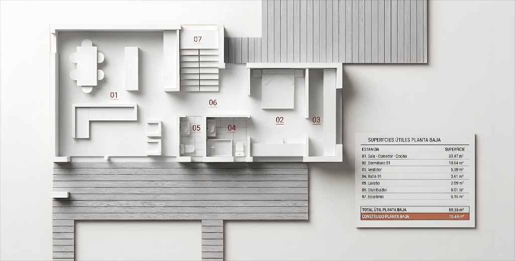 Plano 3D planta baja del Modelo M3-01 con superficies útiles