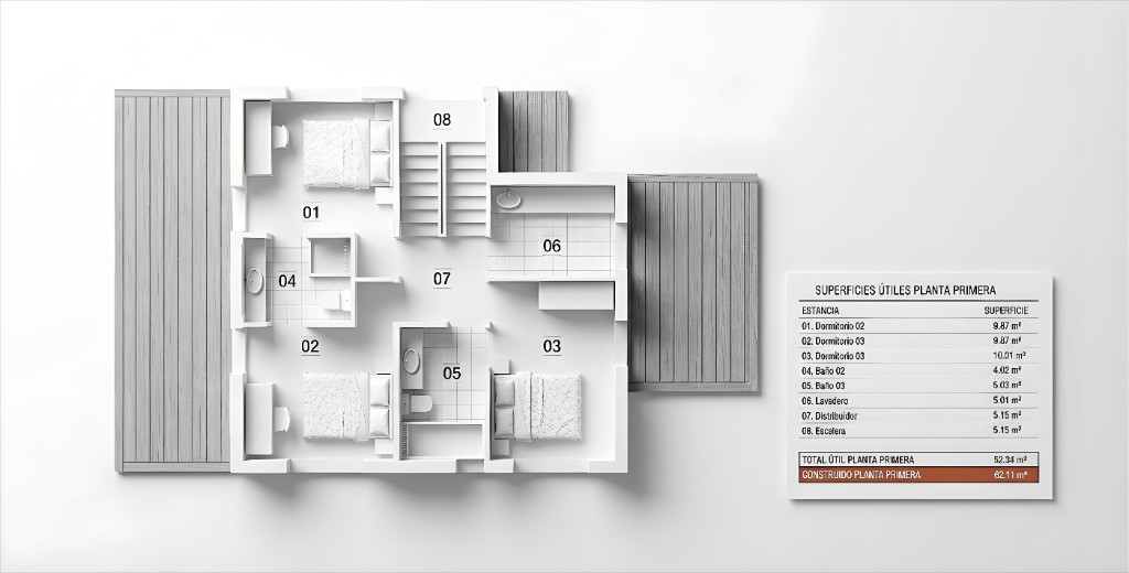 Plano 3D planta primera del Modelo M3-01 con superficies útiles
