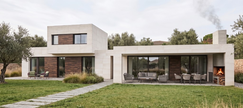 Vista exterior del Modelo M3-02 con porche y chimenea