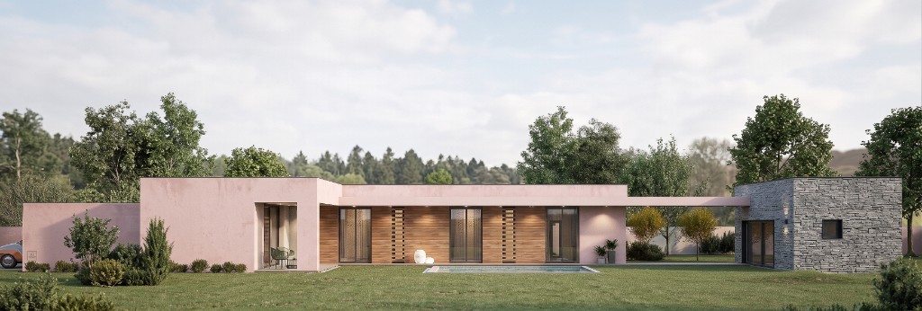Vista exterior del Modelo M3-03 con piscina y jardín