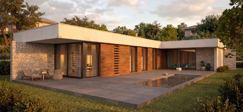 Vista exterior del Modelo M3-04 al atardecer con piscina